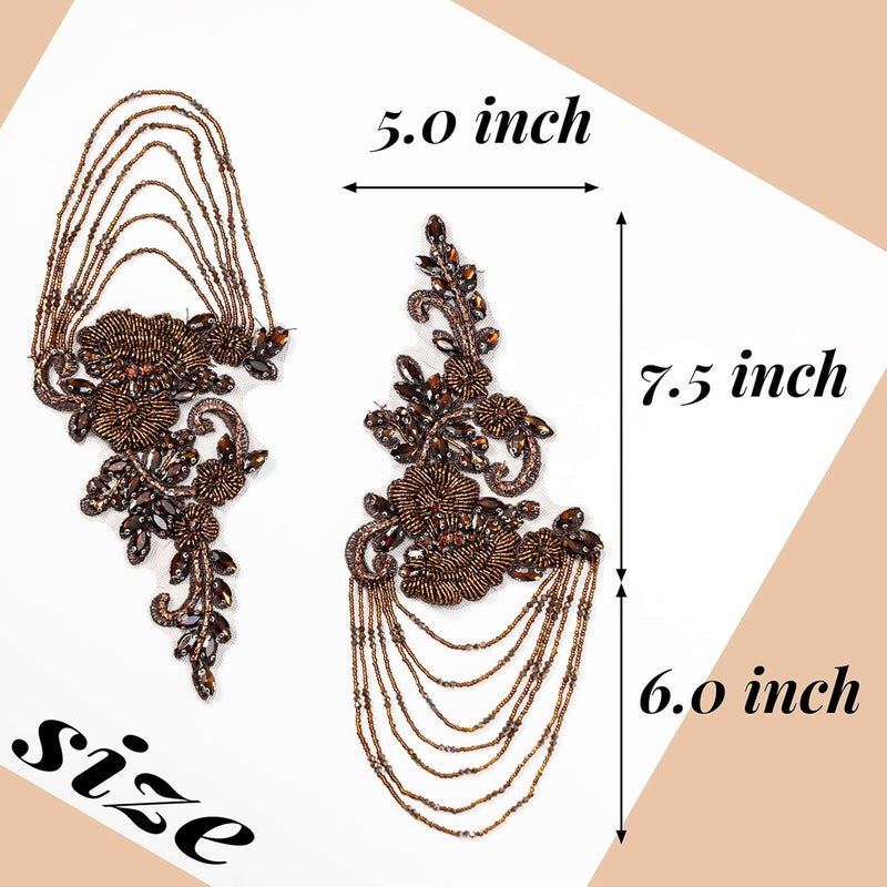 amusediy Brown Pair Beaded Rhinestones Applique Embellishment for Clothes,Epaulettes Shoulder Patches Sew-on Diamond Sequin Applique for Wedding Dress DIY Accessories - Image 3